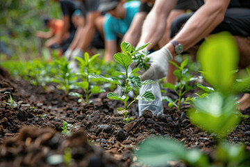 A group of volunteers planting trees in a deforested area, bags of saplings at their feet, community involvement in forest recovery.