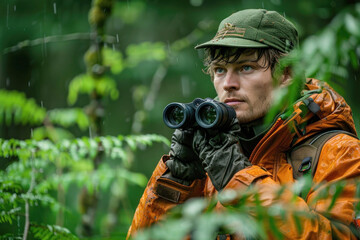 A forest ranger patrolling a woodland area, binoculars in hand, vigilant in protecting the forest from illegal logging and poaching activities.