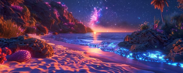 A mystical beach at night with bioluminescent creatures, glowing sand, and a starry sky, Psychedelic, Digital Art23
