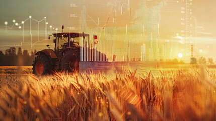 A tractor gracefully glides through a wheat field as the sun sets, casting a warm golden glow over...
