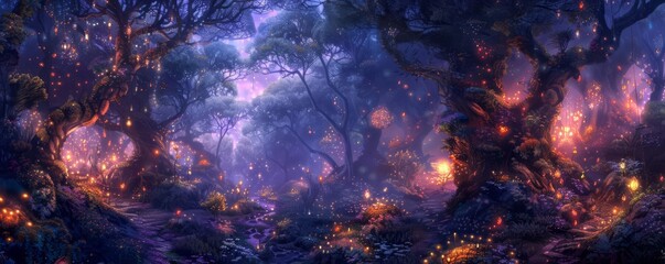 A mystical music festival in an enchanted forest, with magical creatures and glowing stages, Fantasy, Digital Illustration