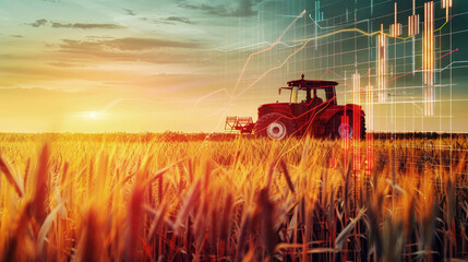 A tractor in a field harvesting crops as stock charts loom in the background, symbolizing the intersection of agriculture and finance