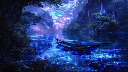 A mystical boat ride on an enchanted lake with magical creatures and glowing waters, Fantasy, Digital Illustration