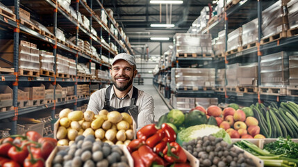 A man stands confidently among a vast array of colorful fruits and vegetables in a bustling warehouse