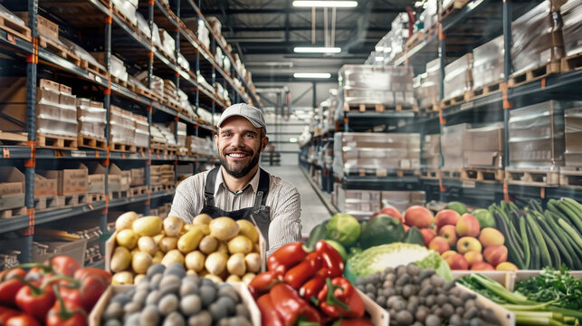 A man stands confidently among a vast array of colorful fruits and vegetables in a bustling warehouse