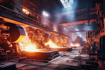 A bustling steel factory where molten steel is being poured into molds, creating a mesmerizing display of flowing metal and precision work