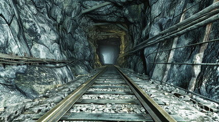 Fototapeta premium A train travels through a dark tunnel in an underground cave, illuminating the rocky walls as it disappears into the unknown