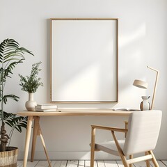 Frame mockup, ISO A paper size. Working room wall poster mockup. Interior mockup with house background. Modern interior design. 3D render