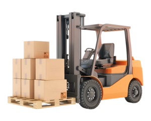 Forklift with boxes at warehouse on transparent background