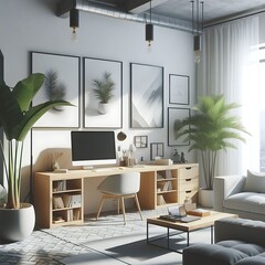 A office room with a mockup poster empty white and with a desk and a couch realistic image design card lively.