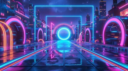 A neonlit festival with futuristic stages and glowing decorations, creating a vibrant experience, Neon, Digital Illustration