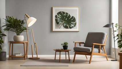  a gray armchair, a wooden table with a potted plant on it, a tall lamp, and a framed picture of a leaf on a gray wall.
