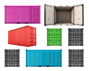 Cargo containers in different color and angle, Opned container on transparent background