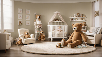 a nursery. There is a crib, a rocking chair, and a large teddy bear sitting on a rug in the center of the room