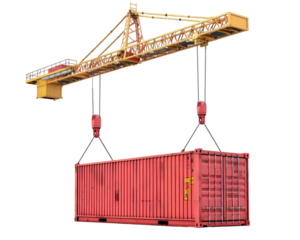 Crane lifts cargo container on transparent background