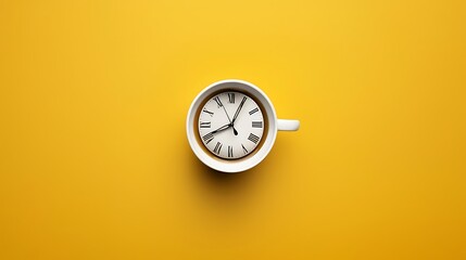 Clock in coffee cup on yellow background
