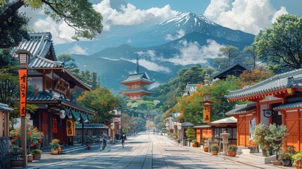 Fototapeta premium Peaceful Japanese festival scene with simple banners and soft hues