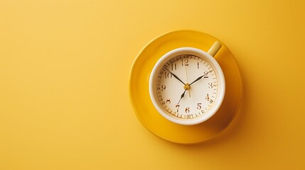 Clock in coffee cup on yellow background