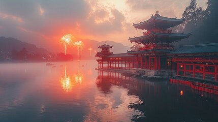 Naklejka premium Peaceful Japanese festival with minimalist firework display over water
