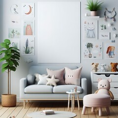 A Room with a mockup poster empty white and with a couch and a chair realistic card design image card design lively.