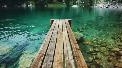 A quaint wooden dock extends into the crystal-clear waters of a serene lake, inviting visitors to immerse themselves in the beauty of nature's tranquility.