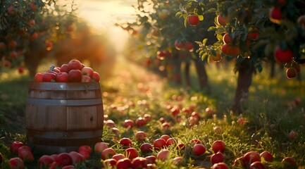 A barrel of apples in a sunlit orchard