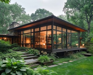 Describe a modern house nestled in the heart of nature with large glass windows and a lush green garden