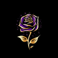 Shiny Texture Gold and Purple Rose Icon on a Black Background
