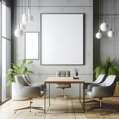 A Room with a mockup poster empty white and with a table and chairs in office and a picture frame realistic meaning attractive used for printing.