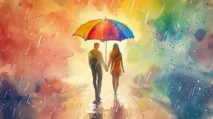 Romantic Rainy Day: Couple Holding Hands Under Rainbow Umbrella - Watercolor Illustration of Intimate Scene in Soft Pastels