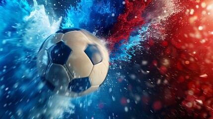 soccer ball in an explosion of blue, white and red color in creative effect, soccerball flying in the air, original graphic wallpaper for an action sport