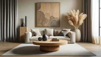 Modern Harmony: Elegant Living Room with Natural Wood Accents