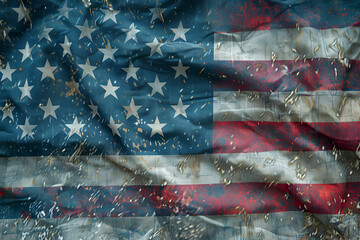 A festive Independence Day background featuring a close-up of the USA flag's fabric texture, with a...