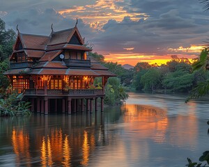Obraz premium A beautiful traditional Thai house on a river. The house is made of wood and has a steeply pitched roof. The river is surrounded by lush vegetation and the sky is a deep orange.
