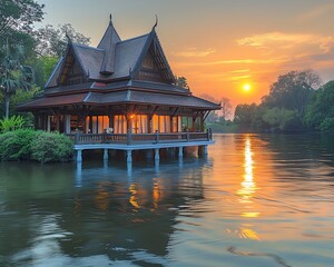 Obraz premium A beautiful Thai house on a river at sunset