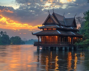 A beautiful traditional Thai house on the river at sunset.