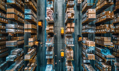 Top view of a modern warehouse with workers and forklifts. AI.