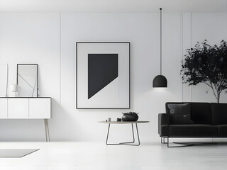 Frame mockup, ISO A paper size. Living room wall poster mockup. Interior mockup with house background. Modern interior design. 3D render
