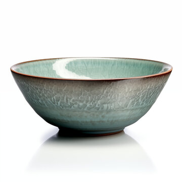 Handmade ceramic bowl with a celadon glaze Isolated on a white background