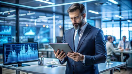 Fototapeta premium Corporate Risk Assessment: A risk manager analyzing corporate risk using digital tools and data analytics in a high-stakes office environment, focusing on strategic risk management. 