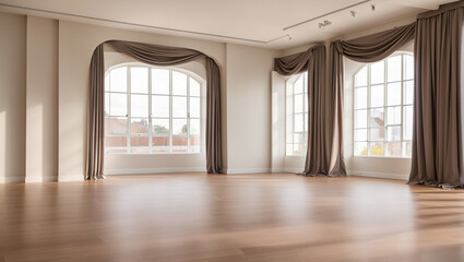 an empty room with three large windows. 