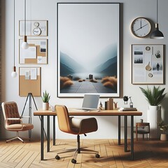 A desk with a chair and a picture on the wall used for printing art has illustrative card design.