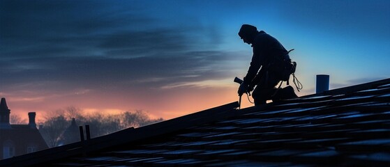 Silhouette of a roofer working on a roof at sunset. Beautiful evening sky with vibrant colors and a serene atmosphere.