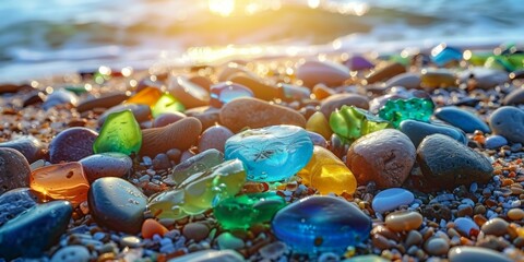 Colorful stones and glass pieces on the beach. AI.