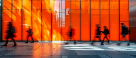 People walking past an orange glass building. AI.