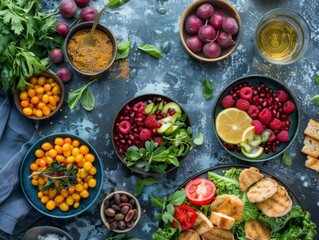 A variety of healthy food ingredients arranged on a blue table including fruits, vegetables, and grains. AI.