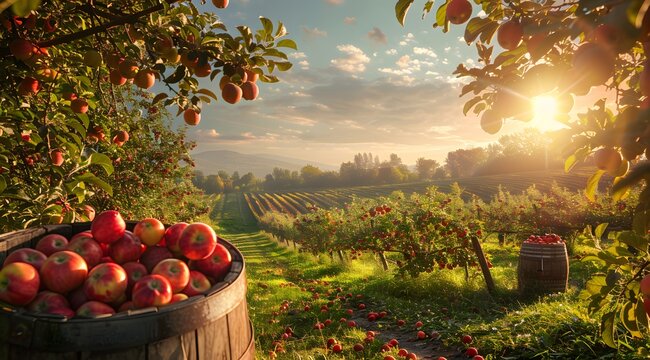 Sunset hues over a bountiful apple orchard