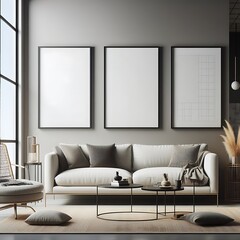 A living Room with a mockup poster empty white and with a couch and a chair art card design image lively harmony.