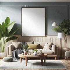 A living Room with a mockup poster empty white and with a couch and a coffee table art card design has illustrative attractive has illustrative.