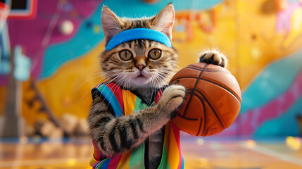 A charming cat in a colorful sports uniform, standing on a court with bright, playful graphics in the background. Generative AI illustration 